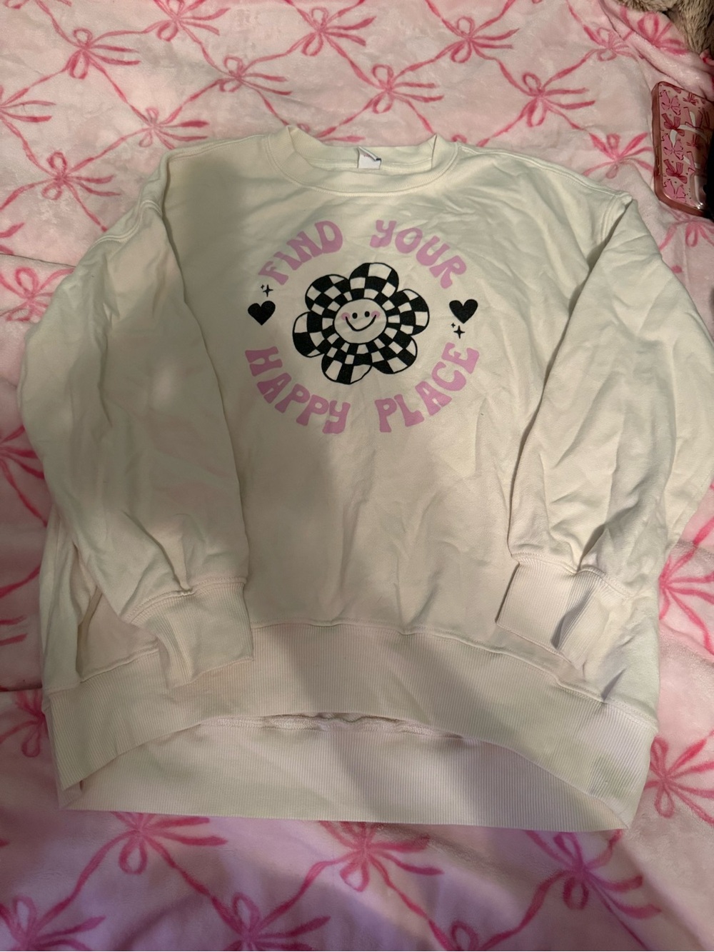Old Navy Cream Sweatshirt with Pink Graphic and Black Checkerflower